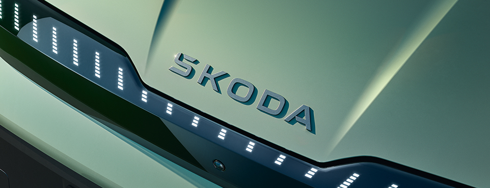 Zu sehen ist ein blauer Skoda vor einem Gebäude